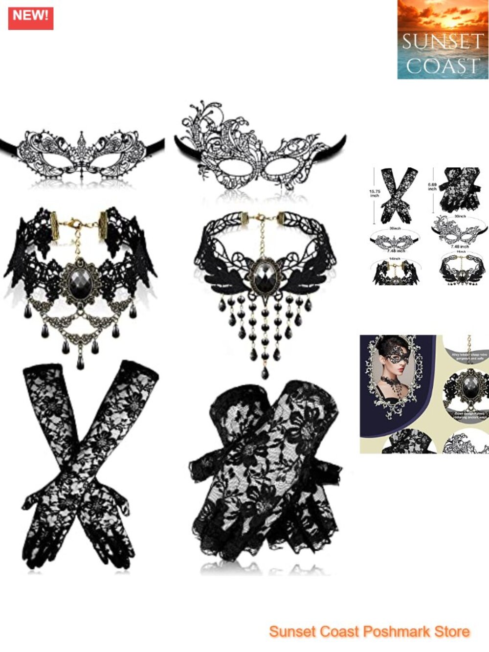 6 Pc Masquerade Ball Mask Set Lace Gloves Necklaces Costume Accessories
